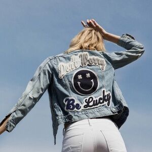 LUCKY BRAND “Don’t Worry be Lucky” Distressed Jean Jacket Size XS